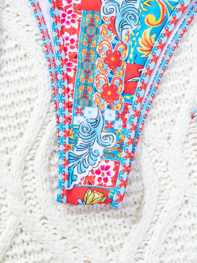Red floral print triangle cup bikini set with matching bottom, featuring a small gold charm on the top. - Image 40