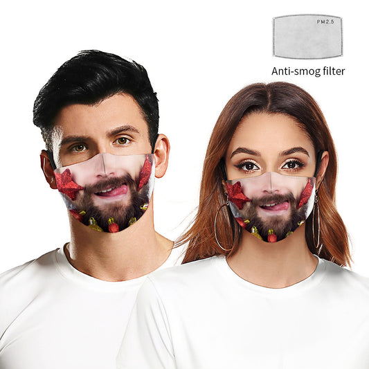 Christmas dust mask with a digital print of red, purple, and gold bokeh lights and white snowflakes, featuring ear hooks.