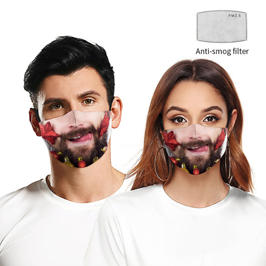 Christmas dust mask with a digital print of red, purple, and gold bokeh lights and white snowflakes, featuring ear hooks.
