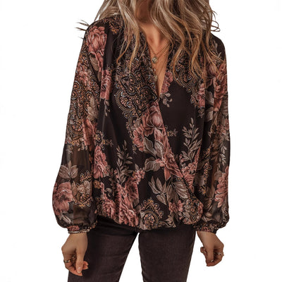 Blusa Floral de Chifón con Escote en V y Mangas Largas para Mujer - Image 4