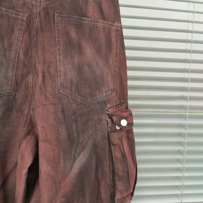 Pantalón Denim Rojo Óxido Ancho con Bolsillos Grandes y Efecto Desgastado - Image 5