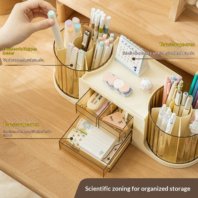 Organizador de Escritorio Giratorio Doble con Cajón y Soporte de Lujo para Bolígrafos - Image 3