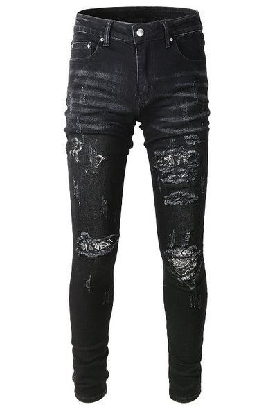 Jeans Rotos para Hombre con Parche Estampado de Flor de Marañón Negro - Image 11