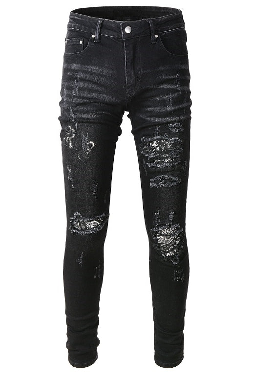 Jeans Rotos para Hombre con Parche Estampado de Flor de Marañón Negro - Image 11