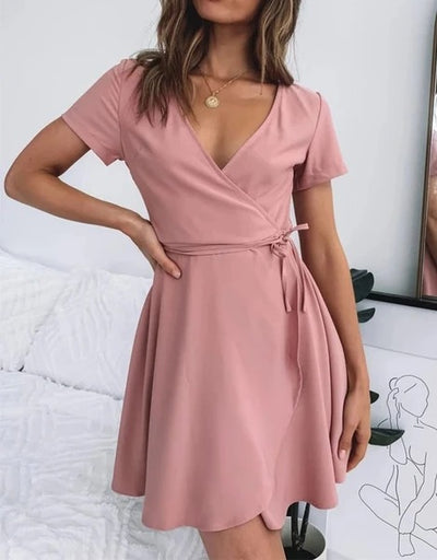 Vestido Rosa Escote V Manga Corta para Mujer - Image 9