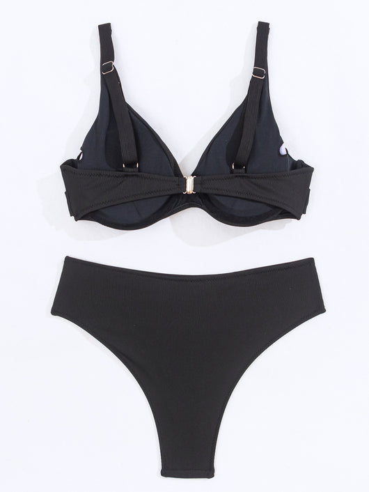 Women's neon green ribbed two-piece swimsuit with a twisted front bikini top and high-waisted bottoms. - Image 15