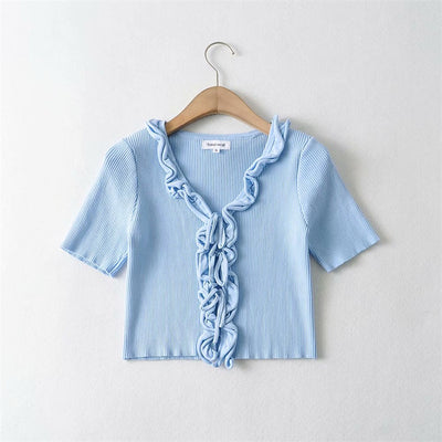 Cardigan de Encaje Talle Alto Ajustado Manga Corta para Mujer - Image 11
