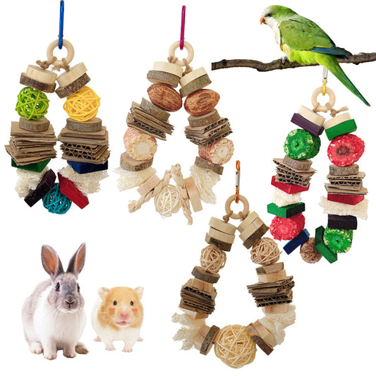 Natural wooden and rattan hanging pet chew toy with cardboard and loofah pieces for parrots, hamsters, or rabbits. - Image 2