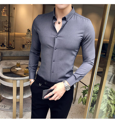 Camisa Manga Larga Estilo Gentleman Británico de Color Sólido - Image 37