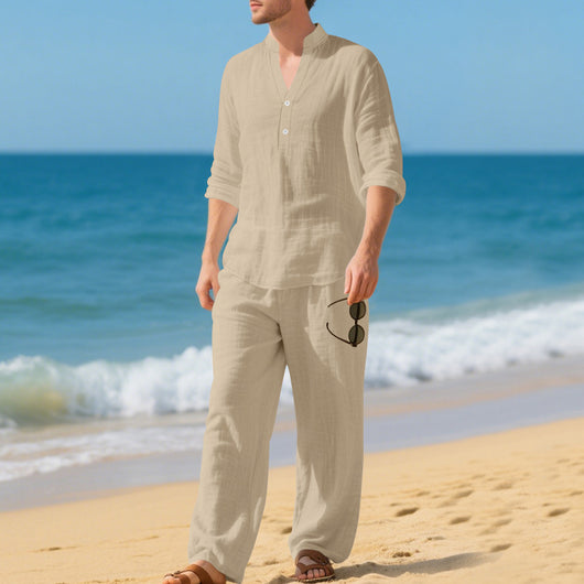 Conjunto de Pantalón y Camiseta Henley Suelta Transpirable para Hombre - Ropa de Playa Casual - Image 32