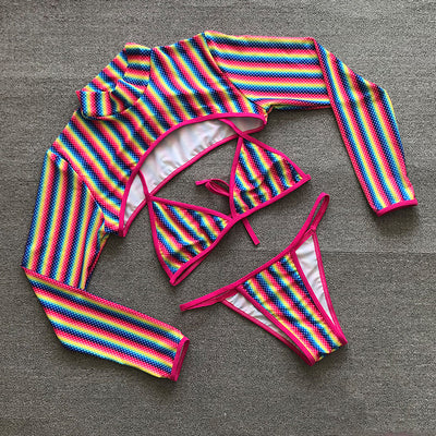 Three-piece rainbow striped bikini suit with triangle top, thong bottom, and long-sleeved cropped cover-up. - Image 10