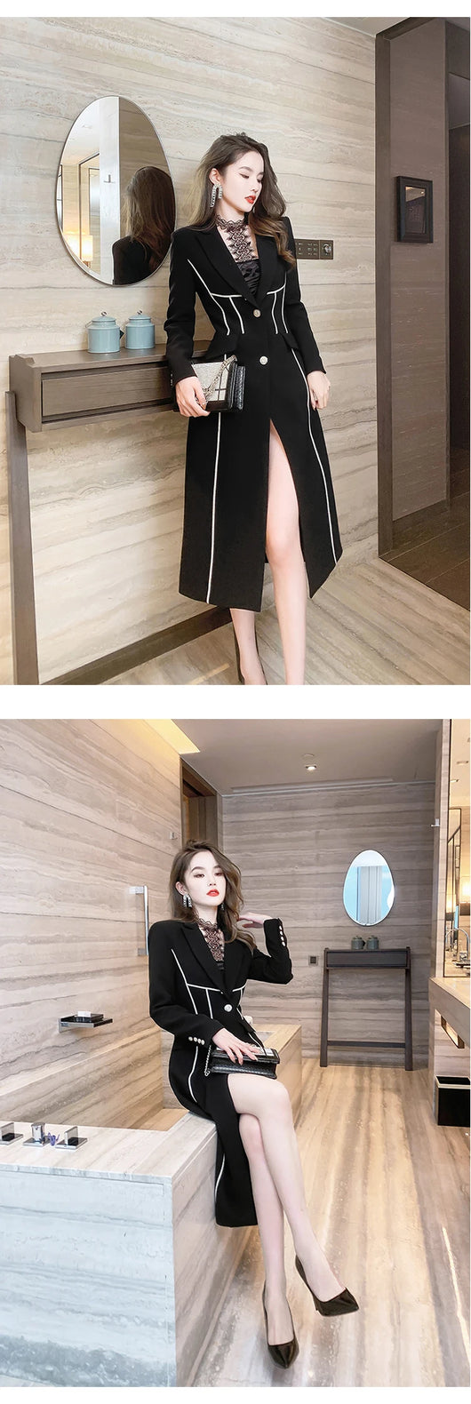 Abrigo Trinchera Negro Midi Elegante para Mujer - Image 15