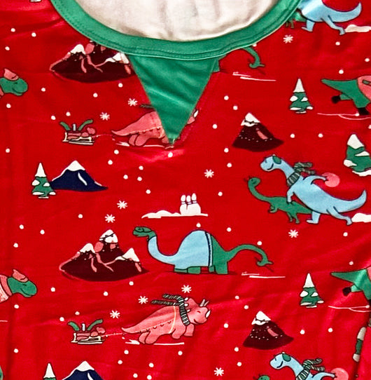 Red long-sleeved men's pajama set with a festive dinosaur and Christmas tree print, featuring green cuffs. - Image 21
