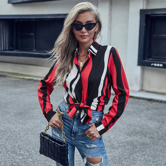 Blusa Rayada Roja con Solapa para Mujer - Manga Larga - Image 6