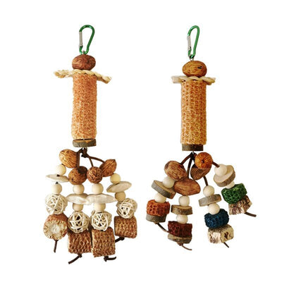 Hanging parrot chew toy made from natural wood slices, corncob, vine balls, and colorful textured blocks. - Image 5