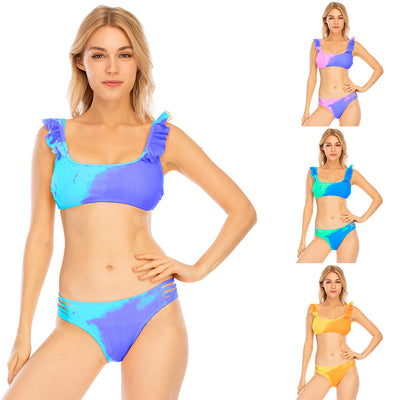 Women's two-piece bikini swimsuit with ruffled straps, featuring a water-changing yellow and orange color.