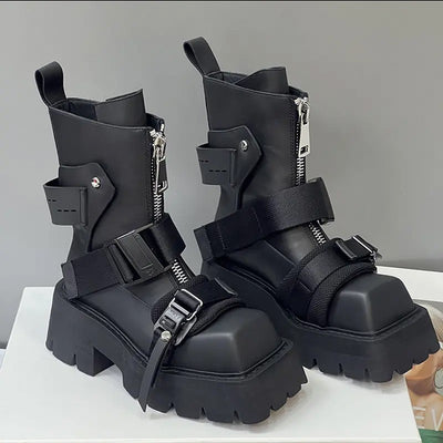 Botines de Cuero con Punta Cuadrada y Suela Gruesa para Mujer - Image 3