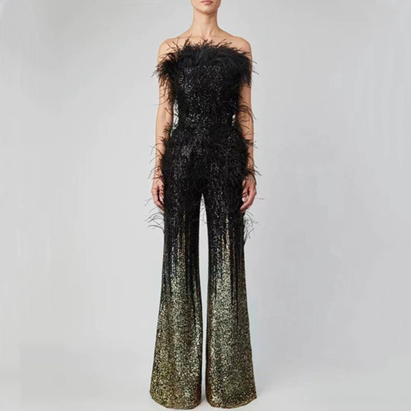 Jumpsuit Tubo con Lentejuelas Degradadas en Plumas de Avestruz