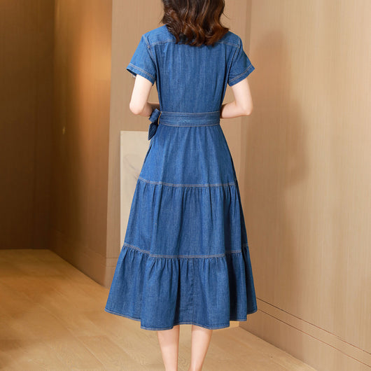 Vestido Camisero de Algodón con Falda Larga y Detalle Denim - Image 4