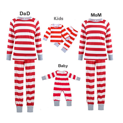 Red and white striped long-sleeve parent-child pajamas, including men's, women's, kids' two-piece sets, and a baby romper. - Image 8