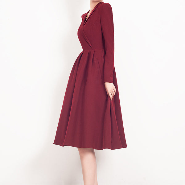 Vestido Rojo Escote en V con Cuello Solapa