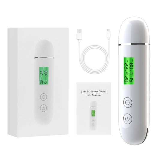 White rechargeable smart facial skin tester with green digital display, USB-C charging cable, and user manual. - Image 5