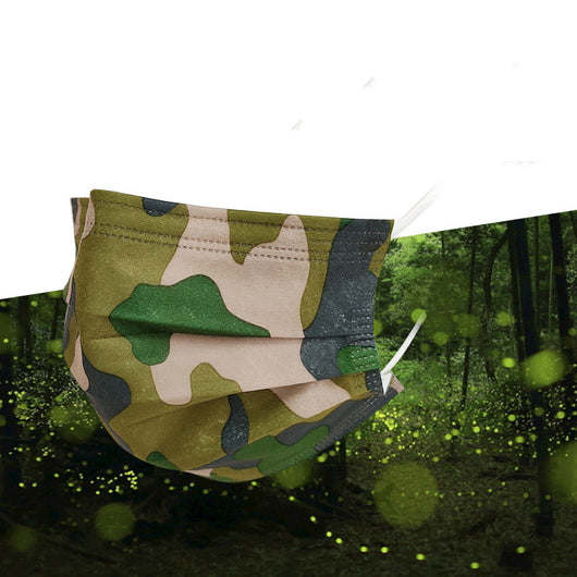 Blue camouflage disposable face mask with pleats and ear loops, featuring shades of blue and white.