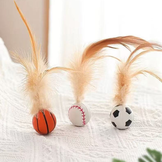 Set of three pet toys: a basketball, baseball, and soccer ball, each with light brown feathers for cats and small dogs.