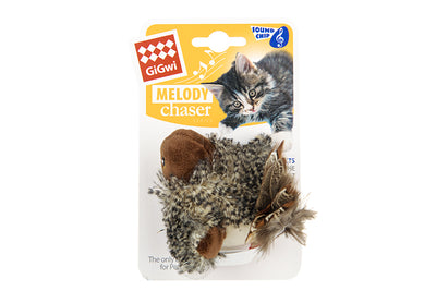 Silver tabby cat playing with a plush bird toy featuring brown and patterned feathers, a brown head, and a yellow beak. - Image 12