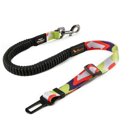 Red pet seat belt with reflective stitching, featuring a metal swivel clip and a black car seat belt buckle. - Image 22