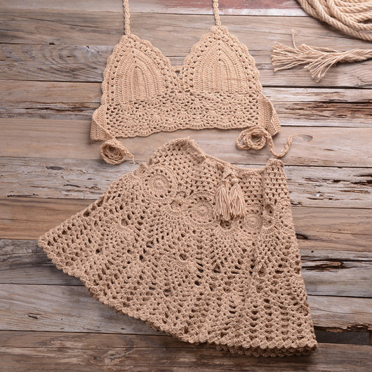Light beige crochet bikini set with a halter crop top and a matching open-knit mini skirt with tassels. - Image 31