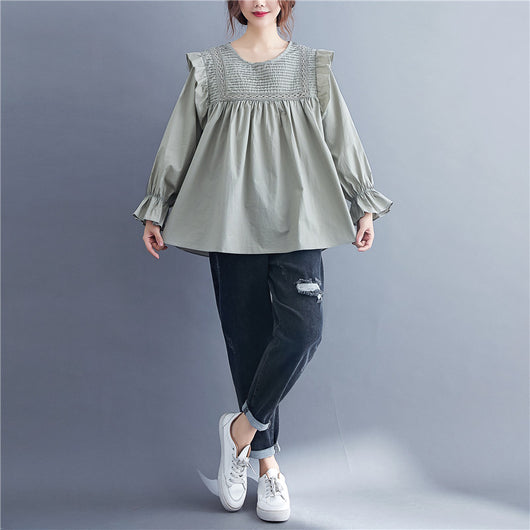 Blusa Suelta de Manga Larga con Encaje y Volantes - Image 9
