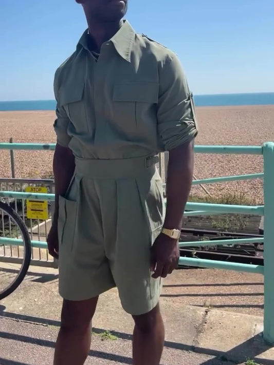 Conjunto Camisa Manga Larga Verde Militar con Shorts Talle Alto