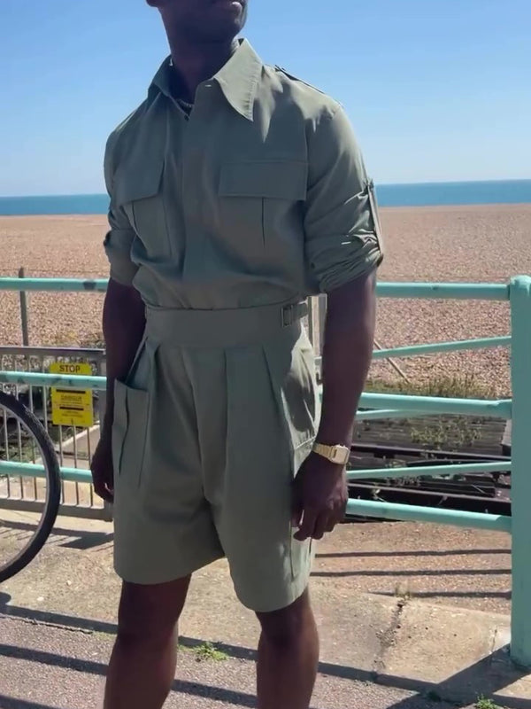 Conjunto Camisa Manga Larga Verde Militar con Shorts Talle Alto