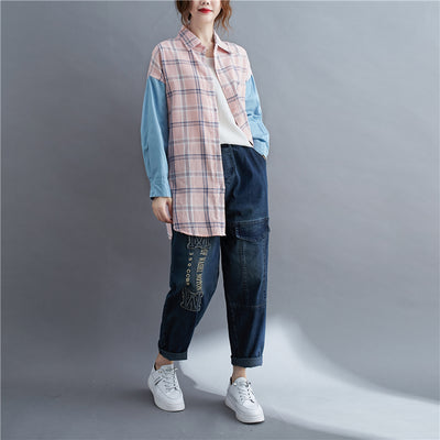 Camisa Oversized de Patchwork Manga Larga Suelta - Image 10