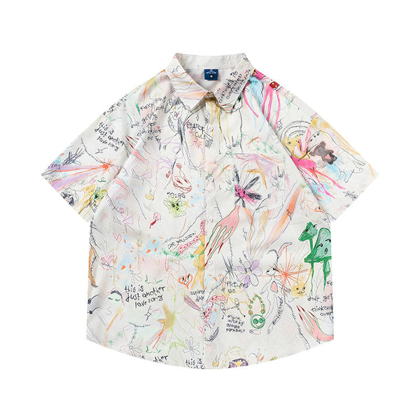Camisa Suelta Estampado Graffiti Manga Corta para Hombre