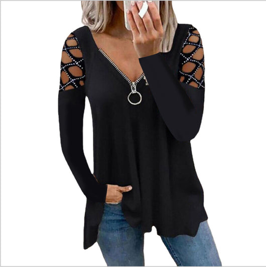 Blusa Casual para Mujer con Escote V y Mangas Caladas con Cristales - Image 9