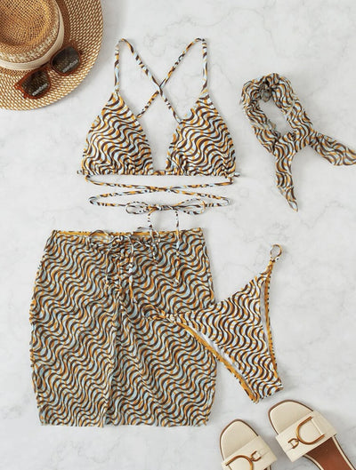 Three-piece swimsuit set with a wavy brown, blue, and white pattern, including a bikini top, mini skirt, and headscarf. - Image 17