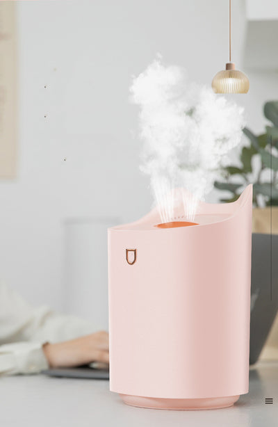 Beige double nozzle humidifier with cat ear design emitting mist, shown in a warm-toned indoor setting. - Image 9