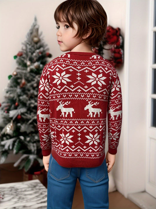 Women's black, red, and white Christmas sweater with reindeer and snowflake fair isle patterns, round neck, long sleeves. - Image 9