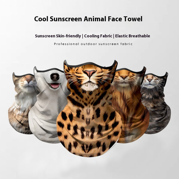 Yellow cat face ice silk neck gaiter with ear loops, designed for sun protection during outdoor sports like cycling.
