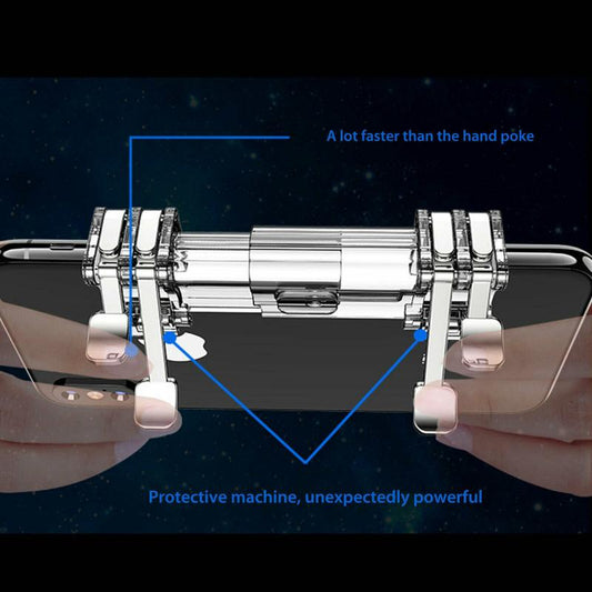 Silver mobile game trigger attached to a black smartphone, enhancing control for faster gaming.