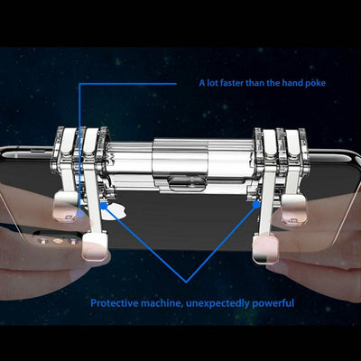 Silver mobile game trigger attached to a black smartphone, enhancing control for faster gaming.