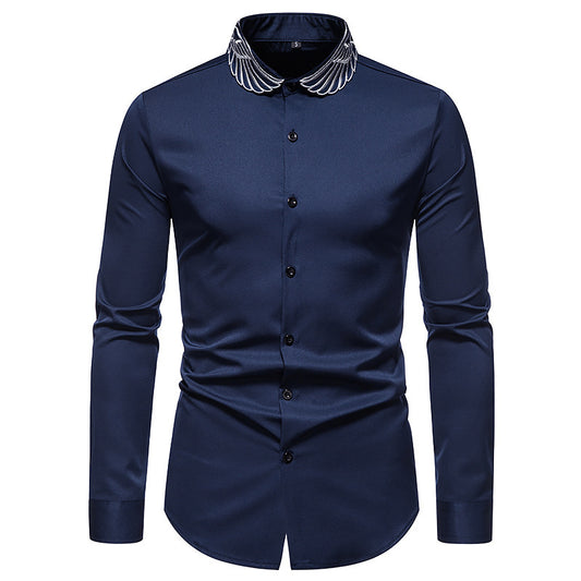 Camisa de Cuello Mao con Alas Bordadas para Hombre - Estilo Moderno