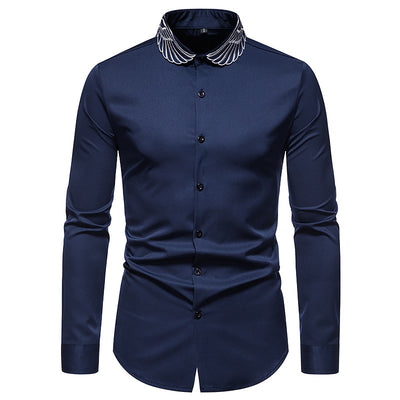 Camisa de Cuello Mao con Alas Bordadas para Hombre - Estilo Moderno