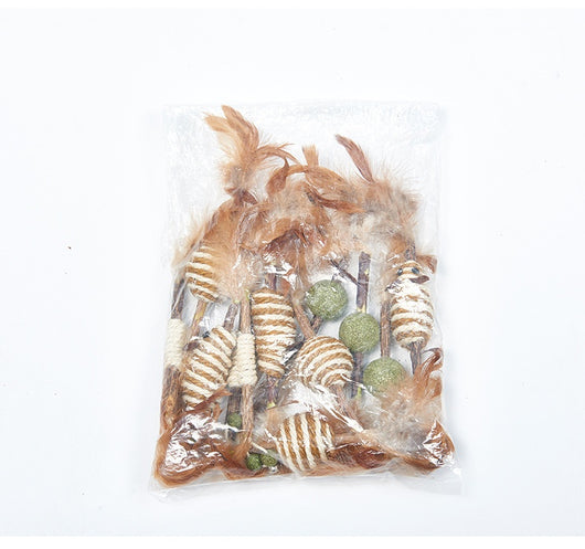 Feather and sisal cat toy with a wooden stick, green sisal ball, and brown feathers for molar cleaning. - Image 14