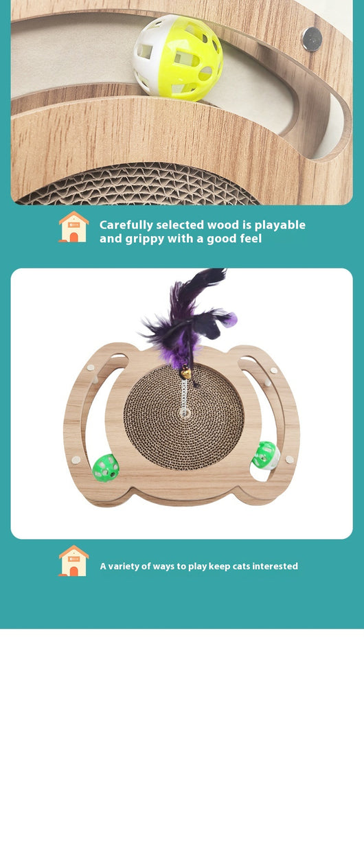 Multi-level cat scratcher with a round corrugated cardboard surface, a wooden track with a green ball, and a pink feather wand with a bell. - Image 6