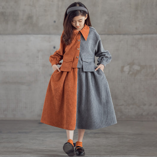 Young girl in a pink and brown color-block corduroy two-piece dress set with a collared top and midi skirt. - Image 7
