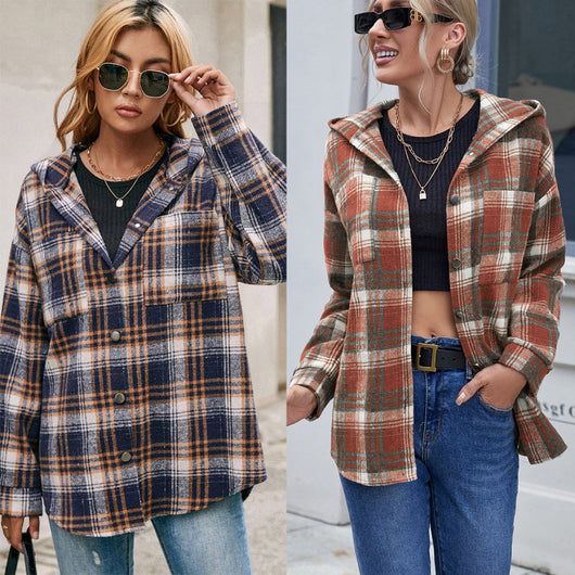 Chaqueta Abierta Casual de Cuadros con Capucha y Manga Larga