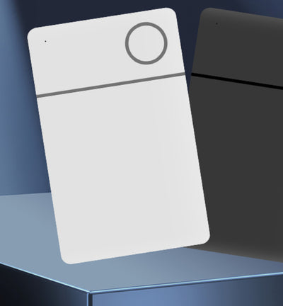 White rectangular Bluetooth pet tracker with rounded corners, a small dot, a line, and a circle on its face. - Image 7